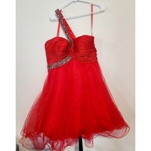 Material Only Tulle, Silk, Beaded Strap  Red Cocktail Dress  Size 11/12